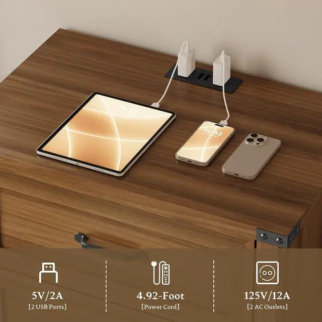 Alt view image 6 of 7 - Night Stand Set of 2, 3 Drawers Bedside Table Dresser with Charging Station, Sturdy Wooden End Side Table Storage Cabinet with Anti-Tipping Design for Bedroom
