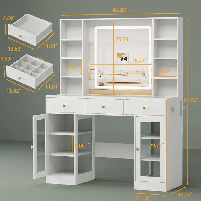 Alt view image 2 of 7 - Vanity Desk with Mirror and Lights, White Makeup Vanity with Glass Top & Drawers, 3 Lighting Modes, Power Outlet, RGB Glass Cabinets, Modern Dressing Table for Girls, Women, Teens