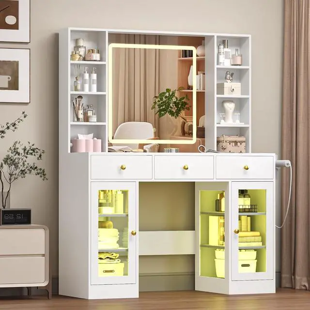 Main image of Vanity Desk with Mirror and Lights, White Makeup Vanity with Glass Top & Drawers, 3 Lighting Modes, Power Outlet, RGB Glass Cabinets, Modern Dressing Table for Girls, Women, Teens