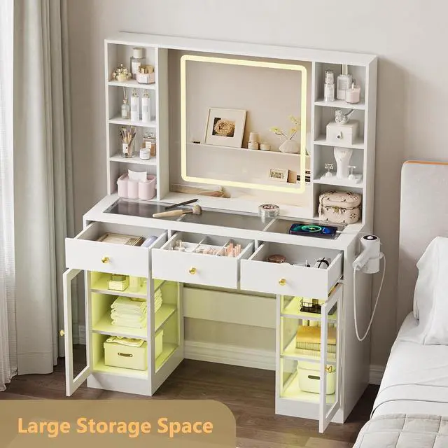 Alt view image 3 of 7 - Vanity Desk with Mirror and Lights, White Makeup Vanity with Glass Top & Drawers, 3 Lighting Modes, Power Outlet, RGB Glass Cabinets, Modern Dressing Table for Girls, Women, Teens