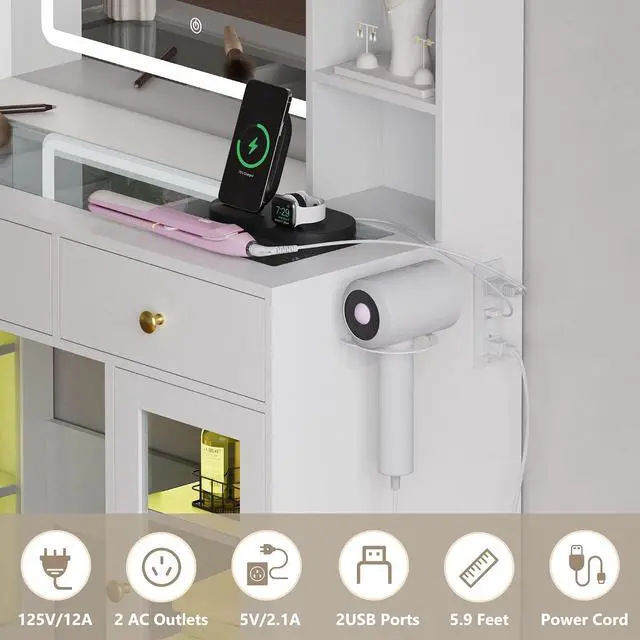 Alt view image 6 of 7 - Vanity Desk with Mirror and Lights, White Makeup Vanity with Glass Top & Drawers, 3 Lighting Modes, Power Outlet, RGB Glass Cabinets, Modern Dressing Table for Girls, Women, Teens
