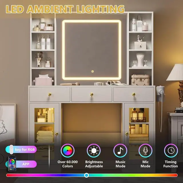 Alt view image 5 of 7 - Vanity Desk with Mirror and Lights, White Makeup Vanity with Glass Top & Drawers, 3 Lighting Modes, Power Outlet, RGB Glass Cabinets, Modern Dressing Table for Girls, Women, Teens