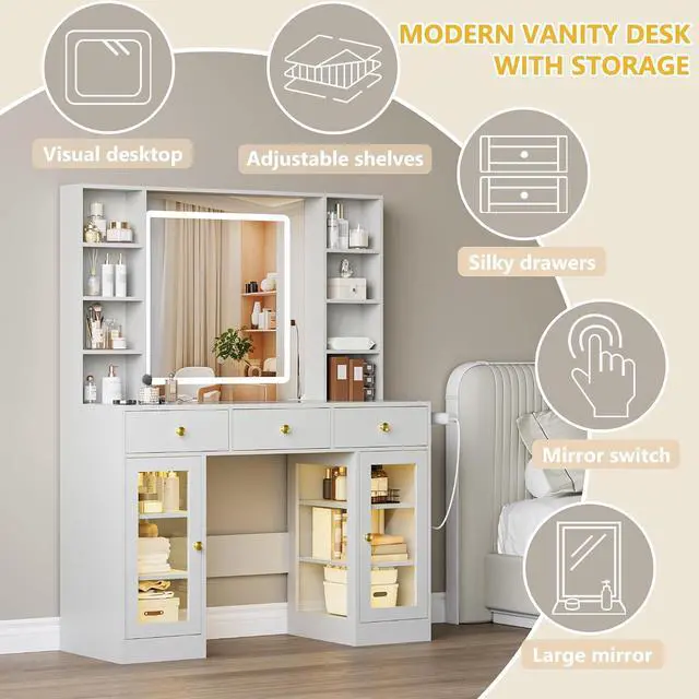 Alt view image 7 of 7 - Vanity Desk with Mirror and Lights, White Makeup Vanity with Glass Top & Drawers, 3 Lighting Modes, Power Outlet, RGB Glass Cabinets, Modern Dressing Table for Girls, Women, Teens