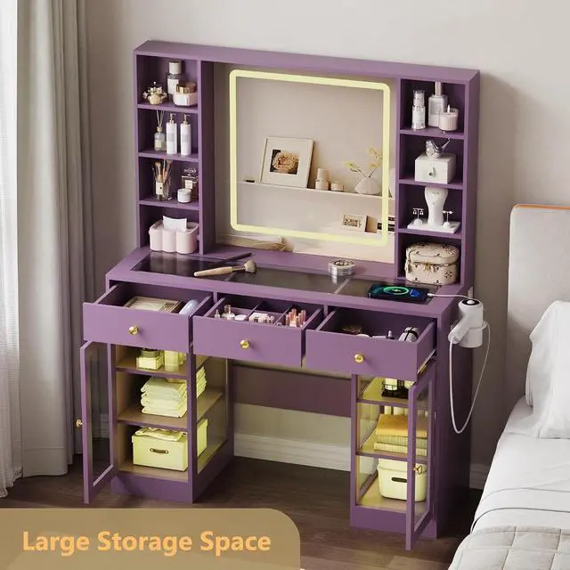 Alt view image 3 of 7 - Vanity Desk with Mirror and Lights, Purple Makeup Vanity with Glass Top & Drawers, 3 Lighting Modes, Power Outlet, RGB Glass Cabinets, Modern Dressing Table for Girls, Women, Teens