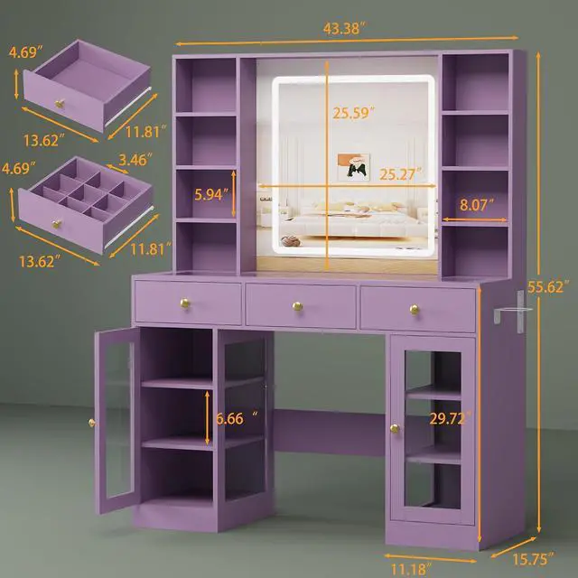 Alt view image 2 of 7 - Vanity Desk with Mirror and Lights, Purple Makeup Vanity with Glass Top & Drawers, 3 Lighting Modes, Power Outlet, RGB Glass Cabinets, Modern Dressing Table for Girls, Women, Teens