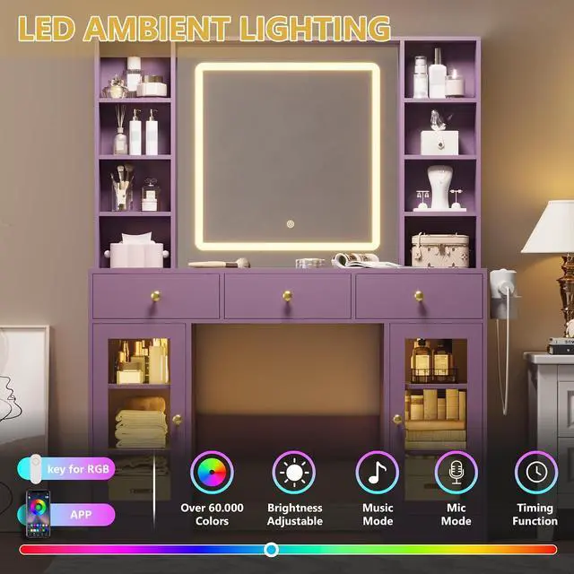 Alt view image 5 of 7 - Vanity Desk with Mirror and Lights, Purple Makeup Vanity with Glass Top & Drawers, 3 Lighting Modes, Power Outlet, RGB Glass Cabinets, Modern Dressing Table for Girls, Women, Teens