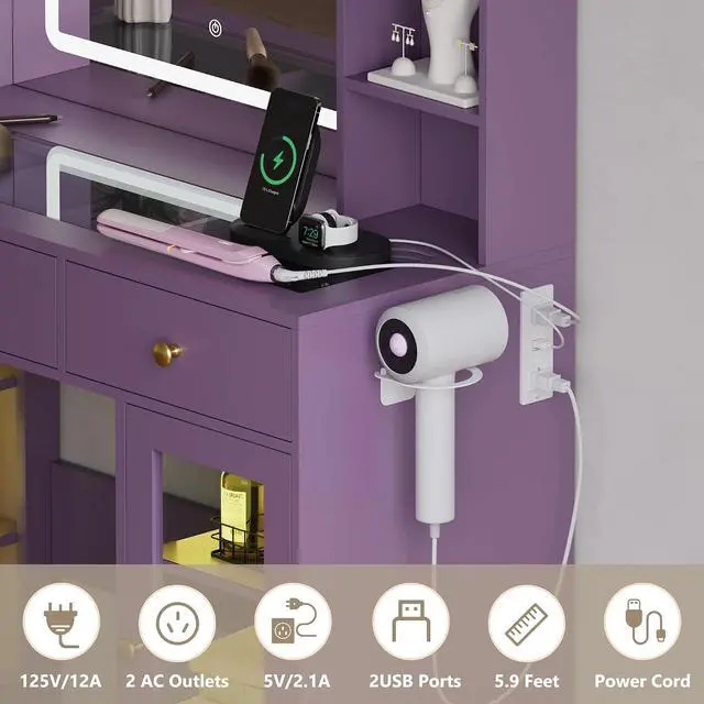 Alt view image 6 of 7 - Vanity Desk with Mirror and Lights, Purple Makeup Vanity with Glass Top & Drawers, 3 Lighting Modes, Power Outlet, RGB Glass Cabinets, Modern Dressing Table for Girls, Women, Teens