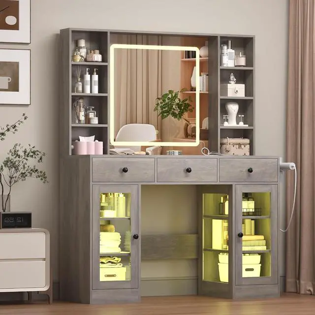 Main image of Vanity Desk with Mirror and Lights, White Makeup Vanity with Glass Top & Drawers, 3 Lighting Modes, Power Outlet, RGB Glass Cabinets, Modern Dressing Table for Girls, Women, Teens