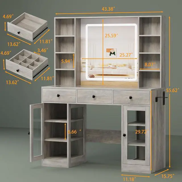 Alt view image 2 of 7 - Vanity Desk with Mirror and Lights, White Makeup Vanity with Glass Top & Drawers, 3 Lighting Modes, Power Outlet, RGB Glass Cabinets, Modern Dressing Table for Girls, Women, Teens