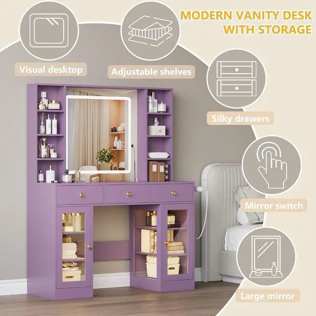 Alt view image 7 of 7 - Vanity Desk with Mirror and Lights, Purple Makeup Vanity with Glass Top & Drawers, 3 Lighting Modes, Power Outlet, RGB Glass Cabinets, Modern Dressing Table for Girls, Women, Teens