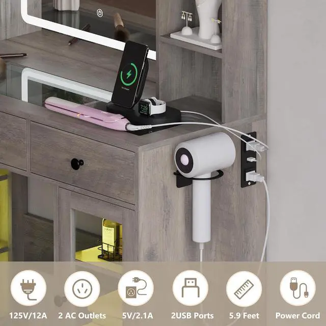 Alt view image 6 of 7 - Vanity Desk with Mirror and Lights, White Makeup Vanity with Glass Top & Drawers, 3 Lighting Modes, Power Outlet, RGB Glass Cabinets, Modern Dressing Table for Girls, Women, Teens