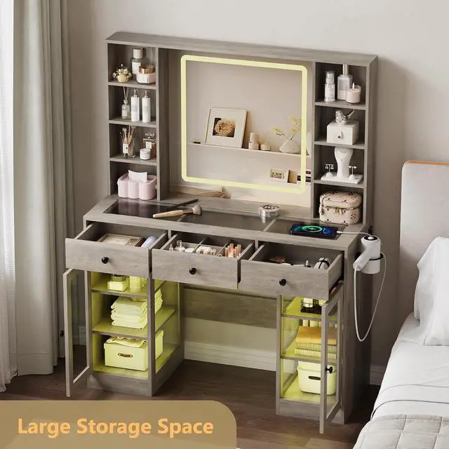 Alt view image 3 of 7 - Vanity Desk with Mirror and Lights, White Makeup Vanity with Glass Top & Drawers, 3 Lighting Modes, Power Outlet, RGB Glass Cabinets, Modern Dressing Table for Girls, Women, Teens