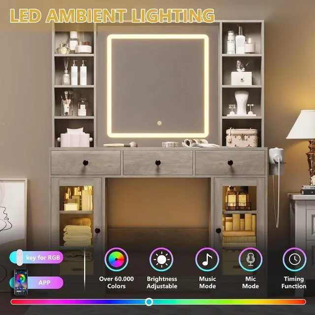 Alt view image 5 of 7 - Vanity Desk with Mirror and Lights, White Makeup Vanity with Glass Top & Drawers, 3 Lighting Modes, Power Outlet, RGB Glass Cabinets, Modern Dressing Table for Girls, Women, Teens