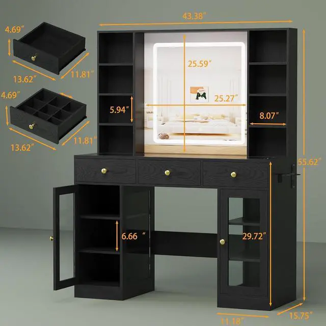 Alt view image 2 of 7 - Vanity Desk with Mirror and Lights, White Makeup Vanity with Glass Top & Drawers, 3 Lighting Modes, Power Outlet, RGB Glass Cabinets, Modern Dressing Table for Girls, Women, Teens