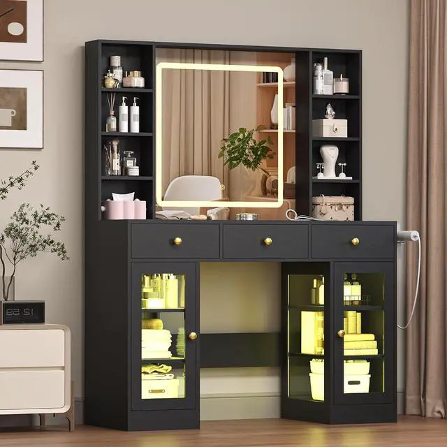 Main image of Vanity Desk with Mirror and Lights, White Makeup Vanity with Glass Top & Drawers, 3 Lighting Modes, Power Outlet, RGB Glass Cabinets, Modern Dressing Table for Girls, Women, Teens