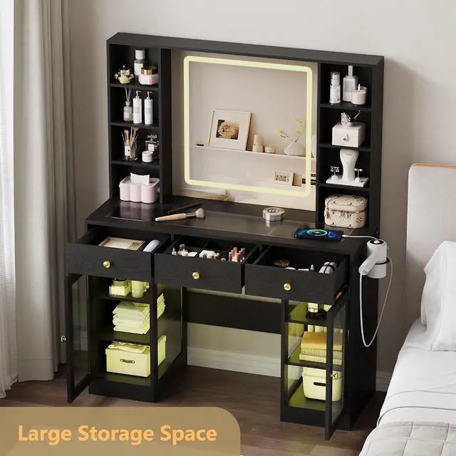 Alt view image 3 of 7 - Vanity Desk with Mirror and Lights, White Makeup Vanity with Glass Top & Drawers, 3 Lighting Modes, Power Outlet, RGB Glass Cabinets, Modern Dressing Table for Girls, Women, Teens