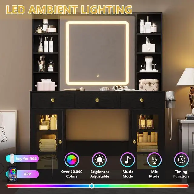 Alt view image 5 of 7 - Vanity Desk with Mirror and Lights, White Makeup Vanity with Glass Top & Drawers, 3 Lighting Modes, Power Outlet, RGB Glass Cabinets, Modern Dressing Table for Girls, Women, Teens