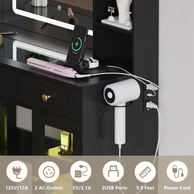 Alt view image 6 of 7 - Vanity Desk with Mirror and Lights, White Makeup Vanity with Glass Top & Drawers, 3 Lighting Modes, Power Outlet, RGB Glass Cabinets, Modern Dressing Table for Girls, Women, Teens