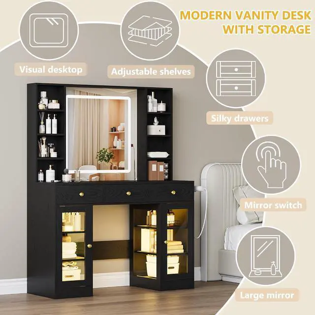 Alt view image 7 of 7 - Vanity Desk with Mirror and Lights, White Makeup Vanity with Glass Top & Drawers, 3 Lighting Modes, Power Outlet, RGB Glass Cabinets, Modern Dressing Table for Girls, Women, Teens