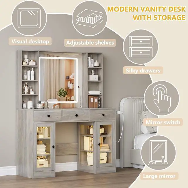 Alt view image 7 of 7 - Vanity Desk with Mirror and Lights, White Makeup Vanity with Glass Top & Drawers, 3 Lighting Modes, Power Outlet, RGB Glass Cabinets, Modern Dressing Table for Girls, Women, Teens