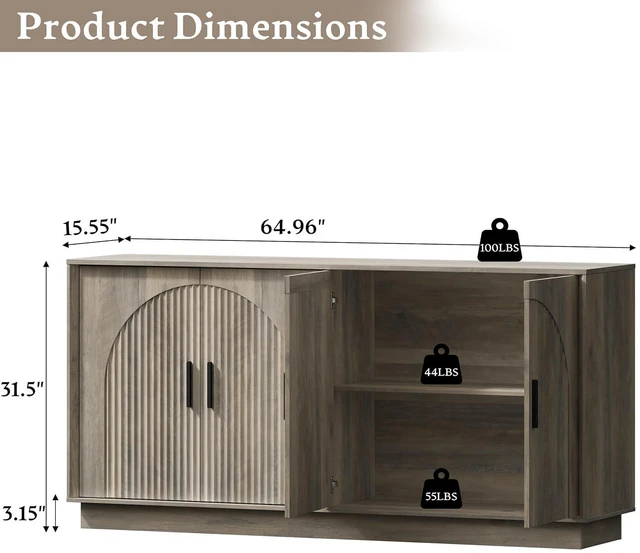 Alt view image 2 of 7 - Sideboard Buffet Cabinet with Storage, 65 Large Console Table | Adjustable shelves, fluted arched doors, spacious tabletop, enclosed base, anti-tip kit, ideal for dining room, living room
