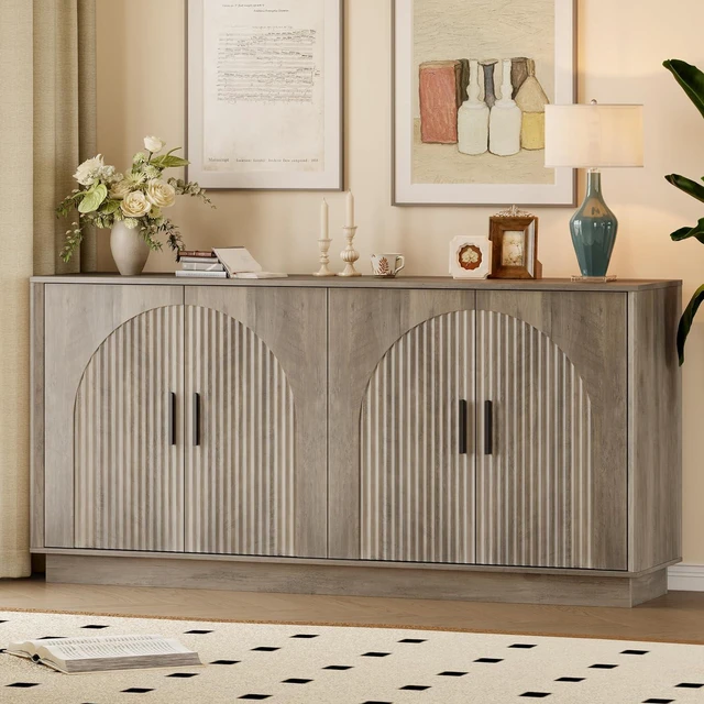 Main image of Sideboard Buffet Cabinet with Storage, 65 Large Console Table | Adjustable shelves, fluted arched doors, spacious tabletop, enclosed base, anti-tip kit, ideal for dining room, living room