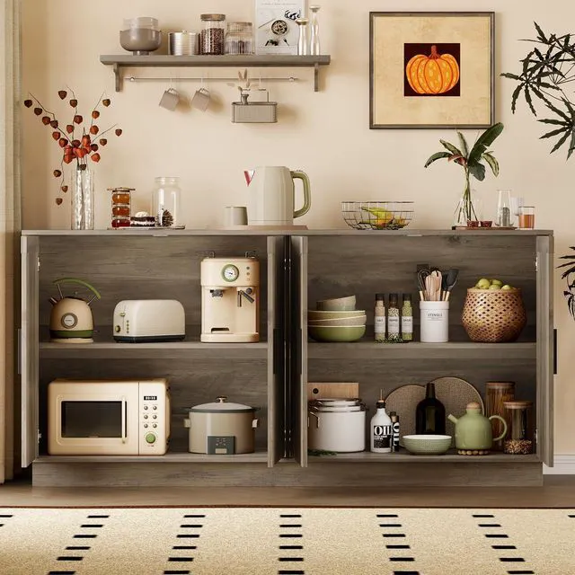 Alt view image 3 of 7 - Sideboard Buffet Cabinet with Storage, 65 Large Console Table | Adjustable shelves, fluted arched doors, spacious tabletop, enclosed base, anti-tip kit, ideal for dining room, living room