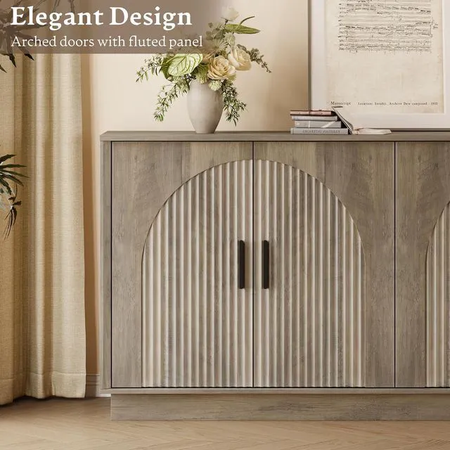 Alt view image 5 of 7 - Sideboard Buffet Cabinet with Storage, 65 Large Console Table | Adjustable shelves, fluted arched doors, spacious tabletop, enclosed base, anti-tip kit, ideal for dining room, living room