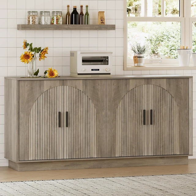 Alt view image 7 of 7 - Sideboard Buffet Cabinet with Storage, 65 Large Console Table | Adjustable shelves, fluted arched doors, spacious tabletop, enclosed base, anti-tip kit, ideal for dining room, living room