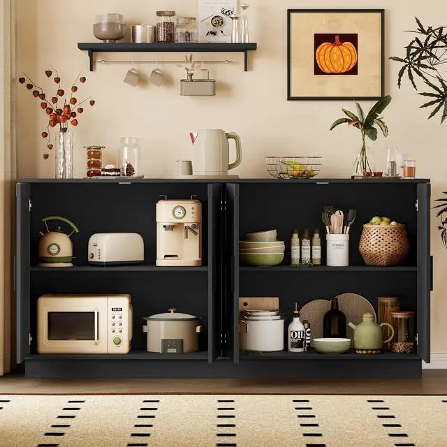 Alt view image 3 of 7 - Sideboard Buffet Cabinet with Storage, 65 Large Console Table | Adjustable shelves, fluted arched doors, spacious tabletop, enclosed base, anti-tip kit, ideal for dining room, living room