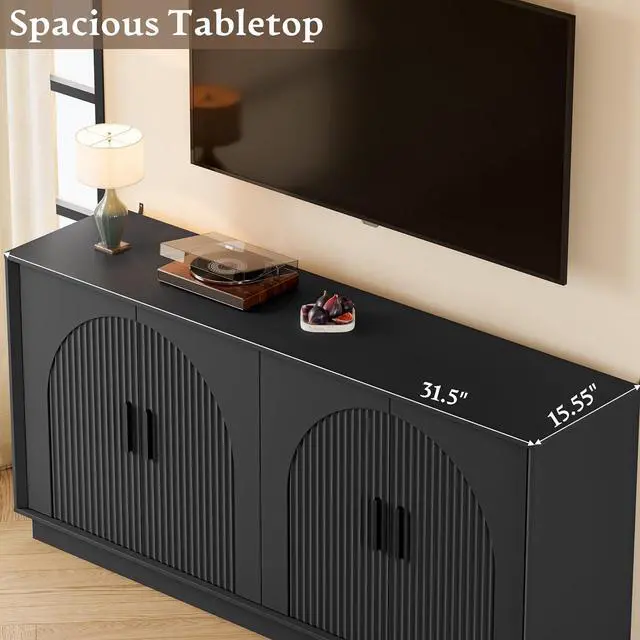 Alt view image 4 of 7 - Sideboard Buffet Cabinet with Storage, 65 Large Console Table | Adjustable shelves, fluted arched doors, spacious tabletop, enclosed base, anti-tip kit, ideal for dining room, living room