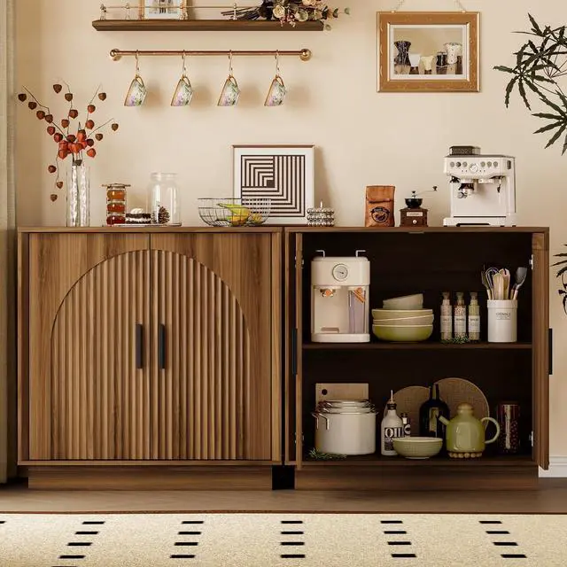 Alt view image 3 of 7 - Buffet Sideboard Cabinet with Storage, Fluted Coffee Bar Cabinet | Adjustable shelf, fluted doors, metal handles, enclosed base, anti-tip kit, ideal for kitchen, dining room, or coffee bar