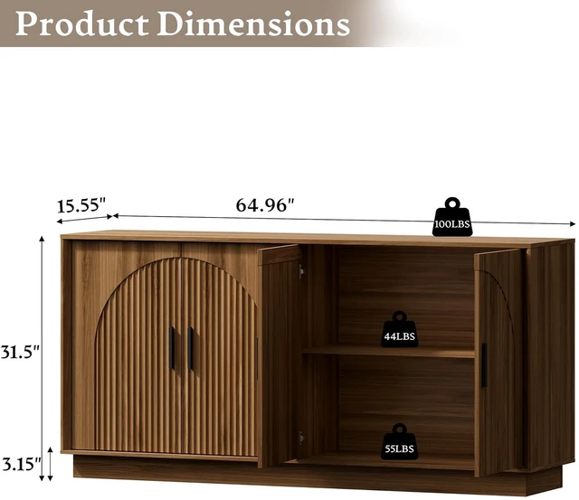 Alt view image 2 of 7 - Sideboard Buffet Cabinet with Storage, 65 Large Console Table | Adjustable shelves, fluted arched doors, spacious tabletop, enclosed base, anti-tip kit, ideal for dining room, living room