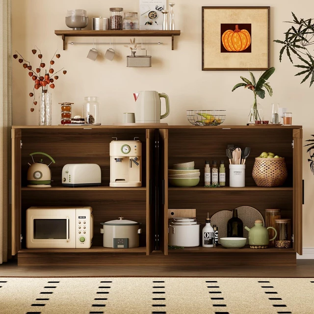 Alt view image 3 of 7 - Sideboard Buffet Cabinet with Storage, 65 Large Console Table | Adjustable shelves, fluted arched doors, spacious tabletop, enclosed base, anti-tip kit, ideal for dining room, living room