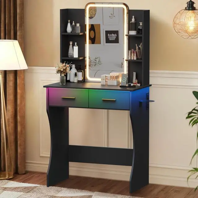 Main image of Vanity Desk with Mirror and Lights, Small Makeup Vanity Desk with Charging Station, Bedroom Vanity Table with Drawers, Storage Shelves, RGB Ambient Light and Hair Dryer Holder