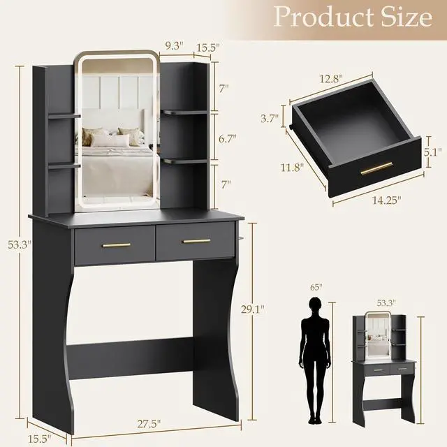Alt view image 2 of 7 - Vanity Desk with Mirror and Lights, Small Makeup Vanity Desk with Charging Station, Bedroom Vanity Table with Drawers, Storage Shelves, RGB Ambient Light and Hair Dryer Holder