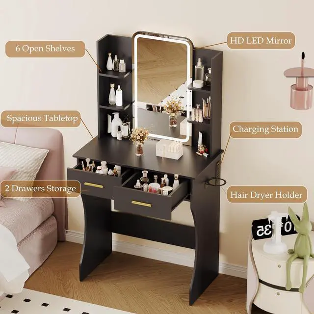 Alt view image 3 of 7 - Vanity Desk with Mirror and Lights, Small Makeup Vanity Desk with Charging Station, Bedroom Vanity Table with Drawers, Storage Shelves, RGB Ambient Light and Hair Dryer Holder