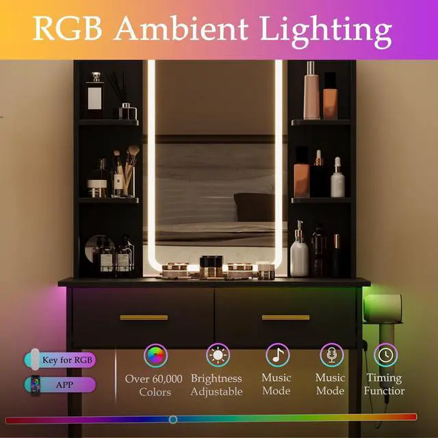 Alt view image 5 of 7 - Vanity Desk with Mirror and Lights, Small Makeup Vanity Desk with Charging Station, Bedroom Vanity Table with Drawers, Storage Shelves, RGB Ambient Light and Hair Dryer Holder