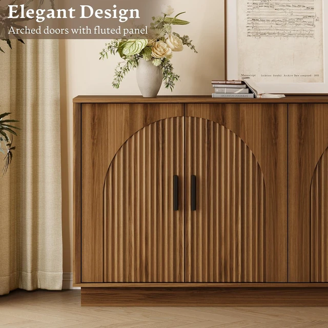 Alt view image 5 of 7 - Sideboard Buffet Cabinet with Storage, 65 Large Console Table | Adjustable shelves, fluted arched doors, spacious tabletop, enclosed base, anti-tip kit, ideal for dining room, living room
