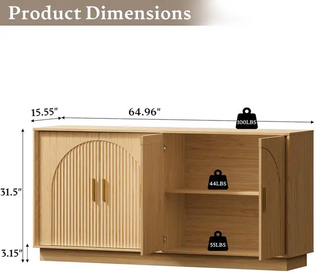Alt view image 2 of 7 - Sideboard Buffet Cabinet with Storage, 65 Large Console Table | Adjustable shelves, fluted arched doors, spacious tabletop, enclosed base, anti-tip kit, ideal for dining room, living room