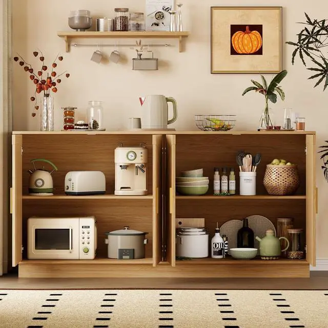 Alt view image 3 of 7 - Sideboard Buffet Cabinet with Storage, 65 Large Console Table | Adjustable shelves, fluted arched doors, spacious tabletop, enclosed base, anti-tip kit, ideal for dining room, living room