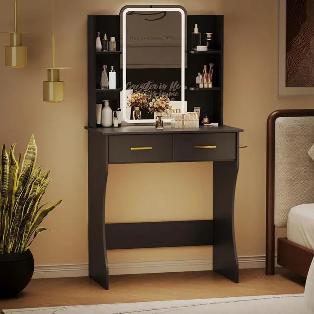 Alt view image 7 of 7 - Vanity Desk with Mirror and Lights, Small Makeup Vanity Desk with Charging Station, Bedroom Vanity Table with Drawers, Storage Shelves, RGB Ambient Light and Hair Dryer Holder