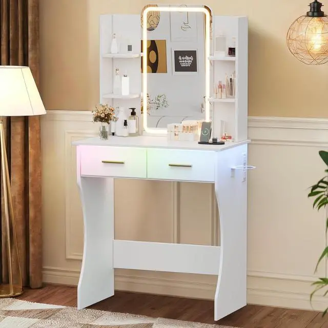 Main image of Vanity Desk with Mirror and Lights, Small Makeup Vanity Desk with Charging Station, Bedroom Vanity Table with Drawers, Storage Shelves, RGB Ambient Light and Hair Dryer Holder