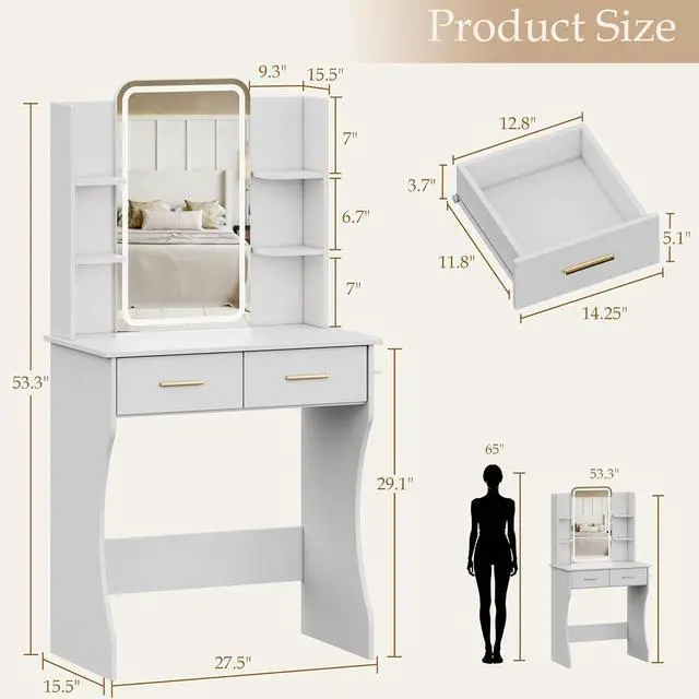 Alt view image 2 of 7 - Vanity Desk with Mirror and Lights, Small Makeup Vanity Desk with Charging Station, Bedroom Vanity Table with Drawers, Storage Shelves, RGB Ambient Light and Hair Dryer Holder