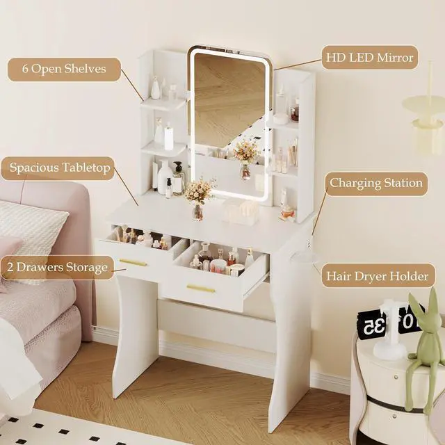 Alt view image 3 of 7 - Vanity Desk with Mirror and Lights, Small Makeup Vanity Desk with Charging Station, Bedroom Vanity Table with Drawers, Storage Shelves, RGB Ambient Light and Hair Dryer Holder