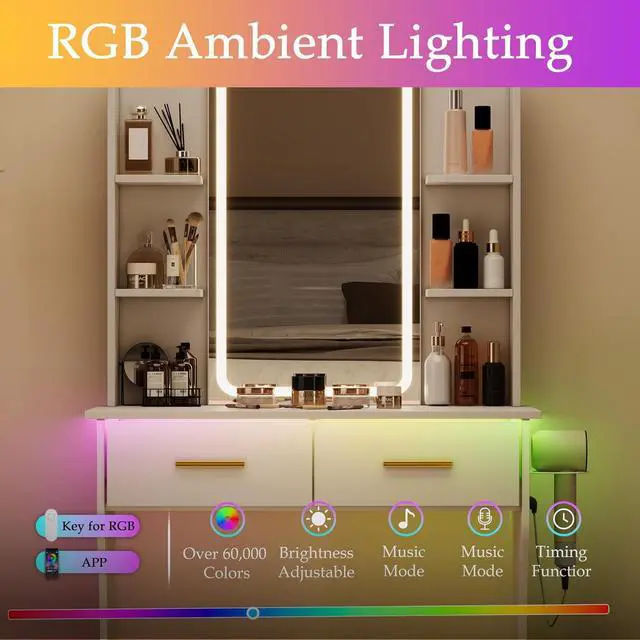 Alt view image 5 of 7 - Vanity Desk with Mirror and Lights, Small Makeup Vanity Desk with Charging Station, Bedroom Vanity Table with Drawers, Storage Shelves, RGB Ambient Light and Hair Dryer Holder