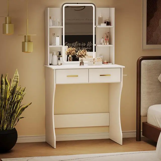 Alt view image 7 of 7 - Vanity Desk with Mirror and Lights, Small Makeup Vanity Desk with Charging Station, Bedroom Vanity Table with Drawers, Storage Shelves, RGB Ambient Light and Hair Dryer Holder