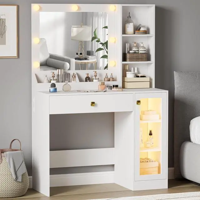 Main image of Small Vanity Desk with Mirror and Lights, Makeup Vanity Desk with Adjustable Brightness 3 Light Modes, RGB Storage Cabinet, Power Outlet, Drawer, Shelves, Vanity Table for Women Girls Bedroom