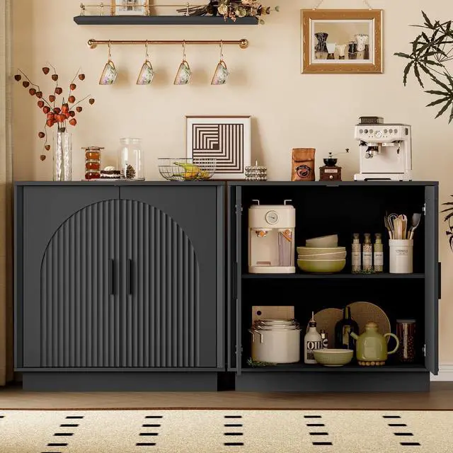 Alt view image 3 of 7 - Buffet Sideboard Cabinet with Storage, Fluted Coffee Bar Cabinet | Adjustable shelf, fluted doors, metal handles, enclosed base, anti-tip kit, ideal for kitchen, dining room, or coffee bar