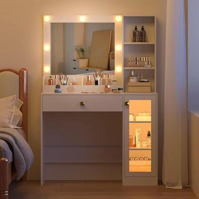 Alt view image 2 of 7 - Small Vanity Desk with Mirror and Lights, Makeup Vanity Desk with Adjustable Brightness 3 Light Modes, RGB Storage Cabinet, Power Outlet, Drawer, Shelves, Vanity Table for Women Girls Bedroom